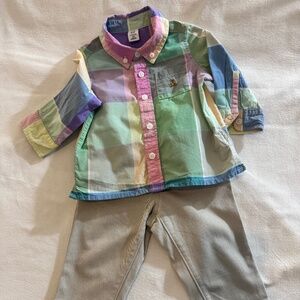 Gap New 6/12 Baby Spring Plaid Button Up Shirt & Pants Set Purple Blue Green